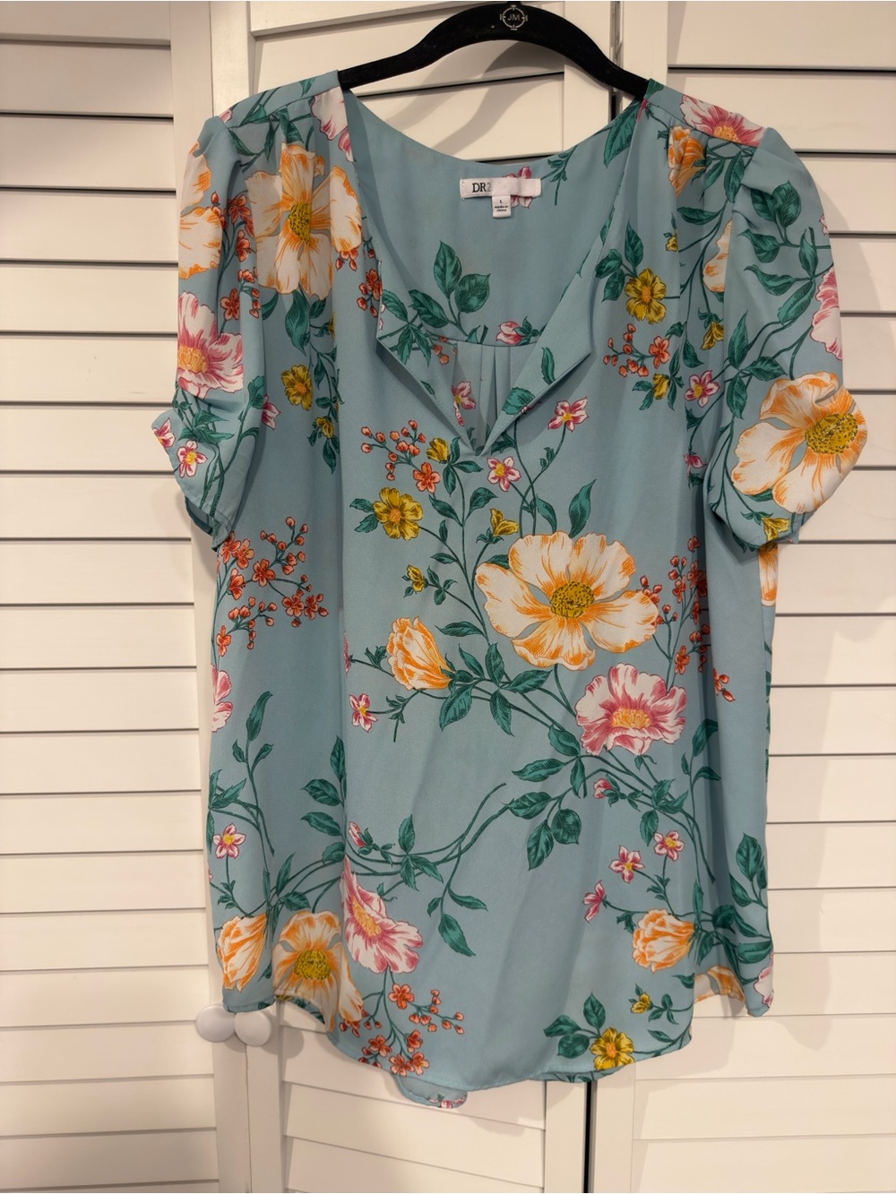 DR2 Aqua Floral V-Neck Short Sleeve Blouse